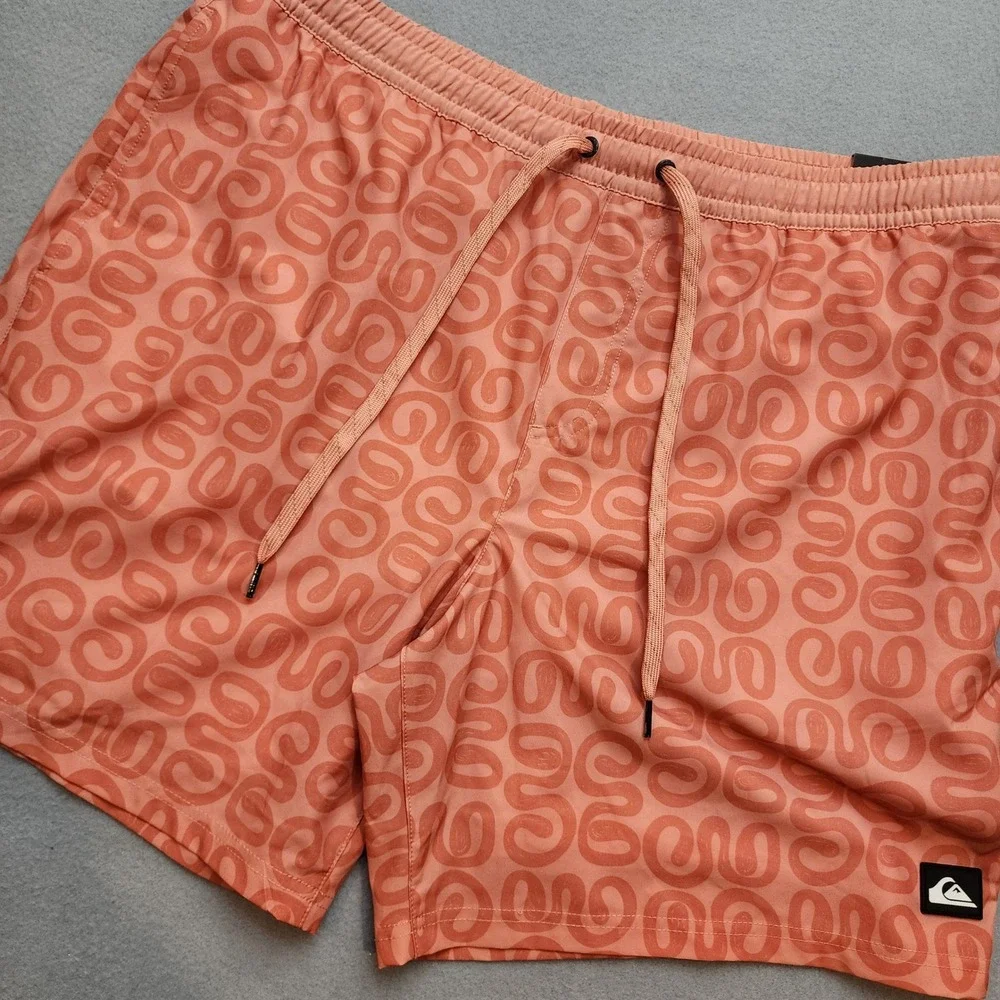 Quiksilver Men's Swim Trunks XL Orange Retro Print UPF 50 Stretch NWT $65